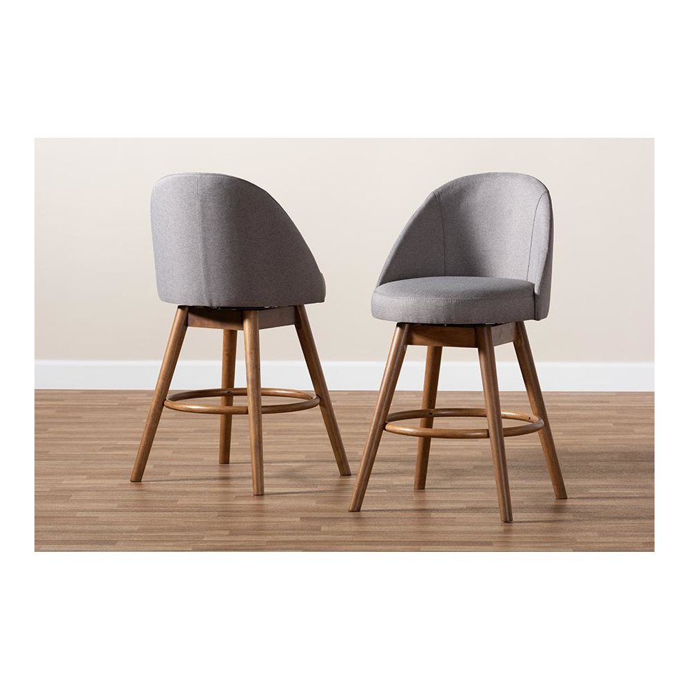 Grey Fabric Upholstered Walnut-Finished Wood Swivel Counter Stool Set of 2
