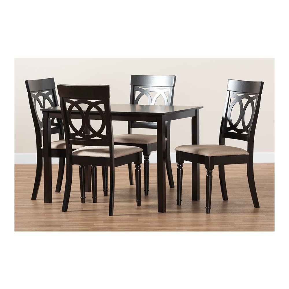 Sand Fabric Upholstered Espresso Brown Finished 5-Piece Wood Dining Set