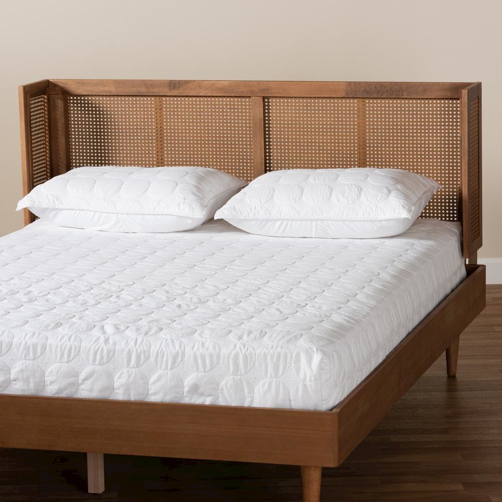 Ash Wanut Finished Wood and Synthetic Rattan Queen Size Wrap-Around Headboard