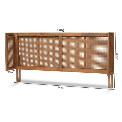 Ash Wanut Finished Wood and Synthetic Rattan Queen Size Wrap-Around Headboard