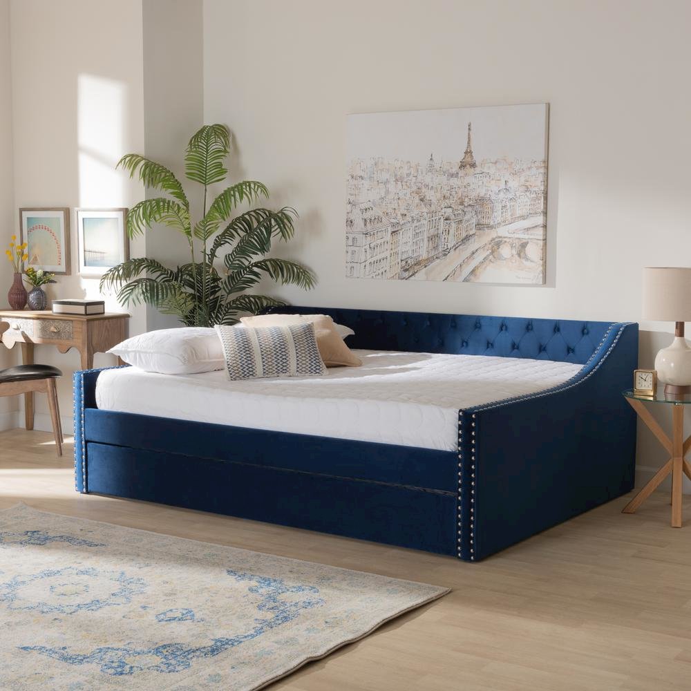 Navy Blue Velvet Fabric Upholstered Queen Size Daybed with Trundle