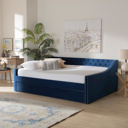 Navy Blue Velvet Fabric Upholstered Queen Size Daybed with Trundle
