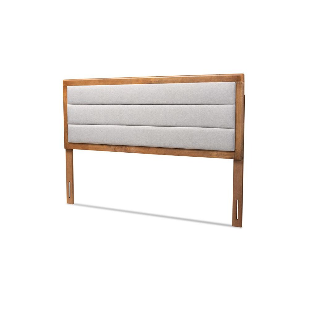 Light Grey Fabric Upholstered and Walnut Brown Finished Wood King Size Headboard