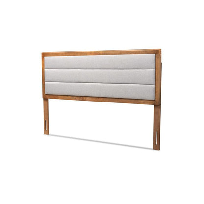 Light Grey Fabric Upholstered and Walnut Brown Finished Wood King Size Headboard