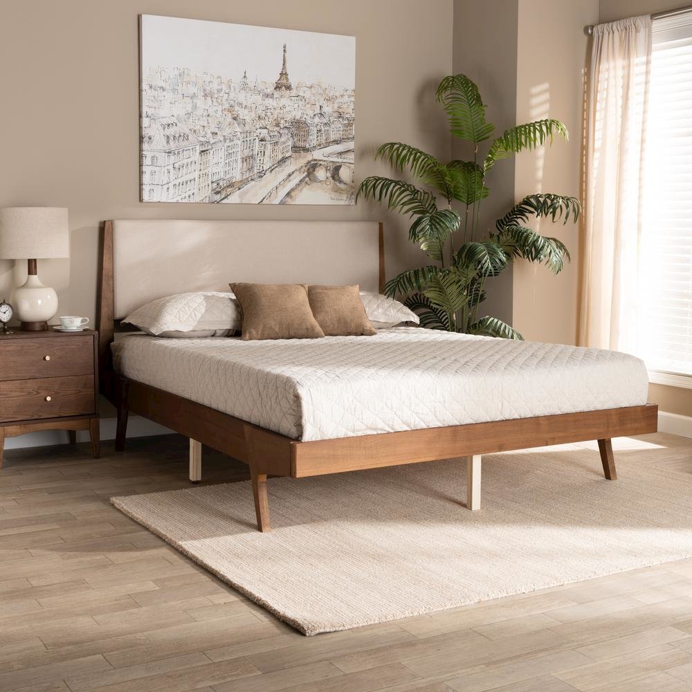 Beige Fabric Upholstered and Walnut Brown Finished Wood Queen Size Platform Bed
