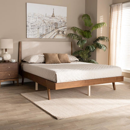 Beige Fabric Upholstered and Walnut Brown Finished Wood Queen Size Platform Bed