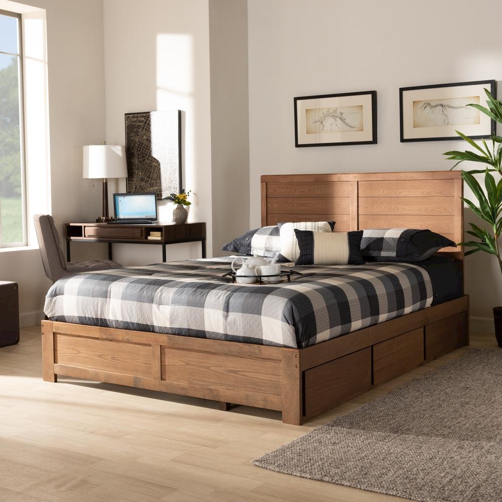 Walnut Brown Finished Wood Queen Size 3-Drawer Platform Storage Bed