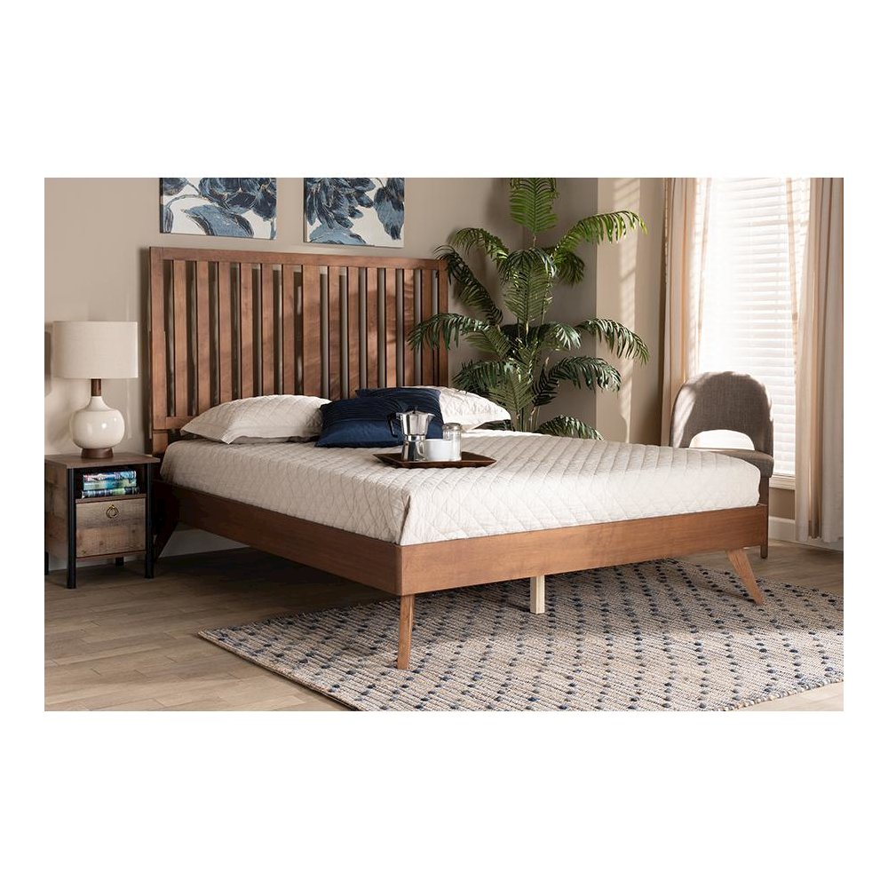 Saki Mid-Century Modern Walnut Brown Finished Wood Queen Size Platform Bed
