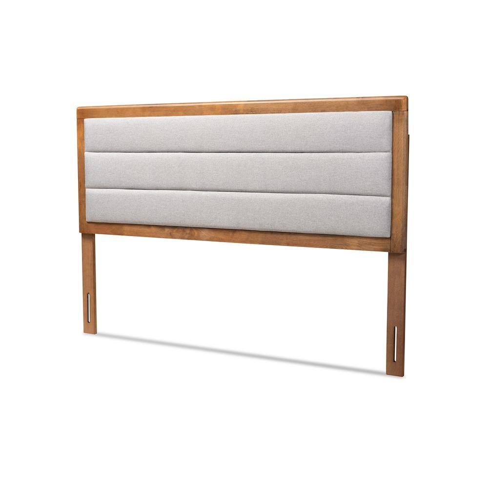 Light Grey Fabric Upholstered and Walnut Brown Finished Wood King Size Headboard