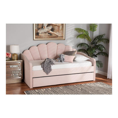 Light Pink Velvet Fabric Upholstered Twin Size Daybed with Trundle