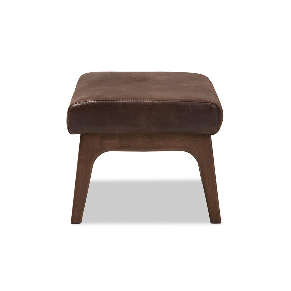 Bianca Mid-Century Modern Walnut Wood Dark Brown Distressed Faux Leather Ottoman