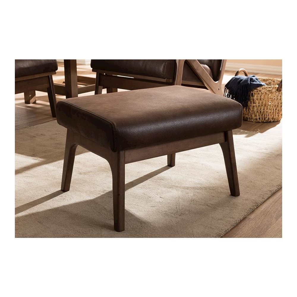 Bianca Mid-Century Modern Walnut Wood Dark Brown Distressed Faux Leather Ottoman