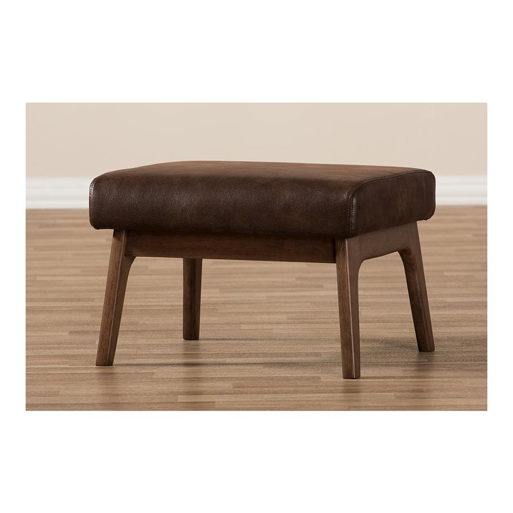 Bianca Mid-Century Modern Walnut Wood Dark Brown Distressed Faux Leather Ottoman