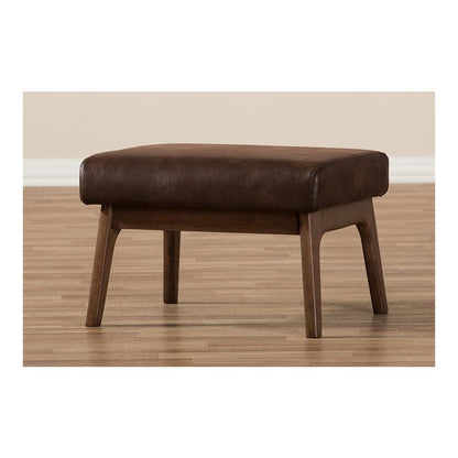 Bianca Mid-Century Modern Walnut Wood Dark Brown Distressed Faux Leather Ottoman