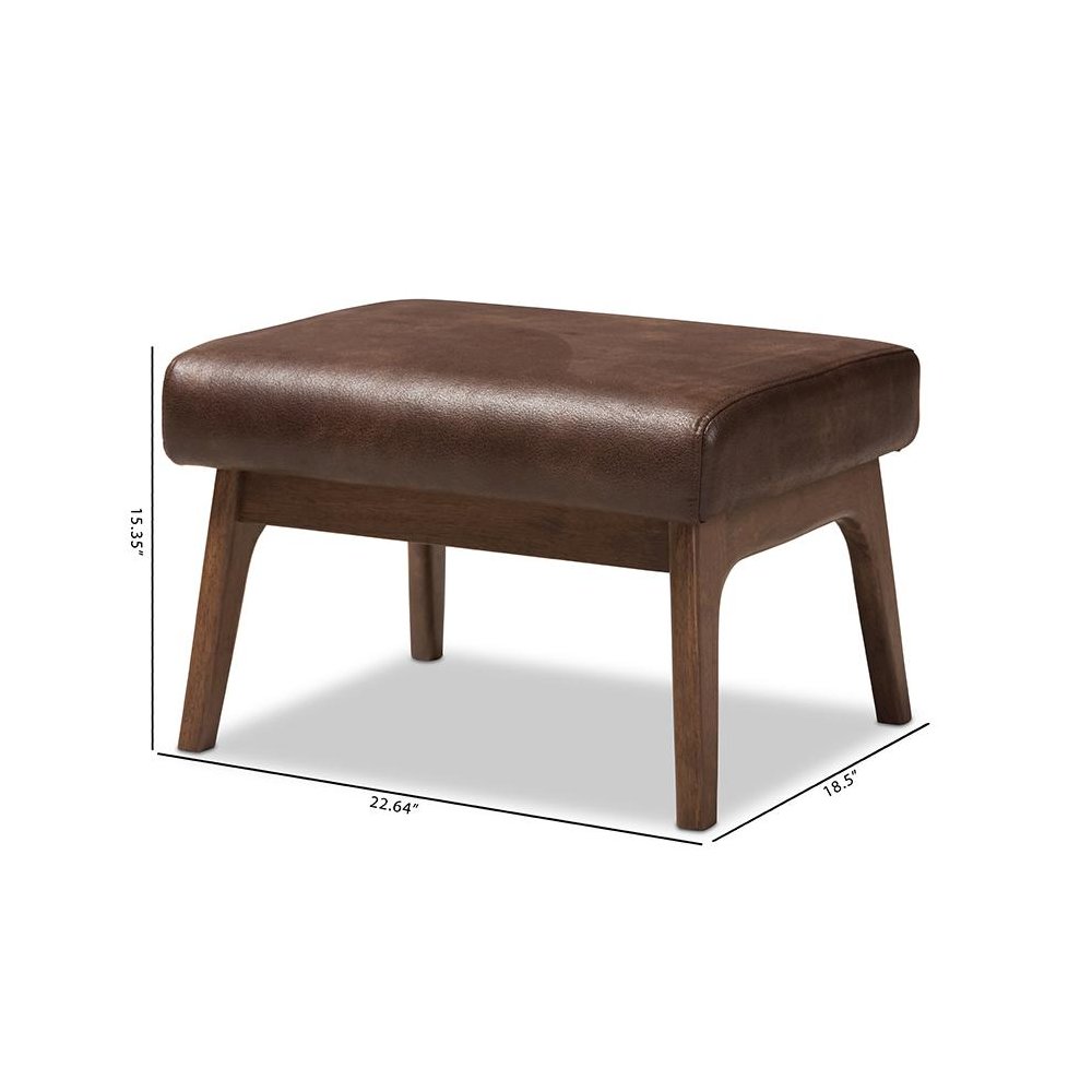 Bianca Mid-Century Modern Walnut Wood Dark Brown Distressed Faux Leather Ottoman