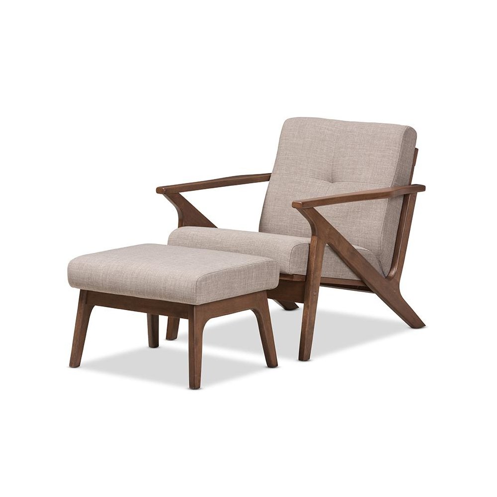 Walnut Wood Light Grey Fabric Tufted Lounge Chair And Ottoman Set