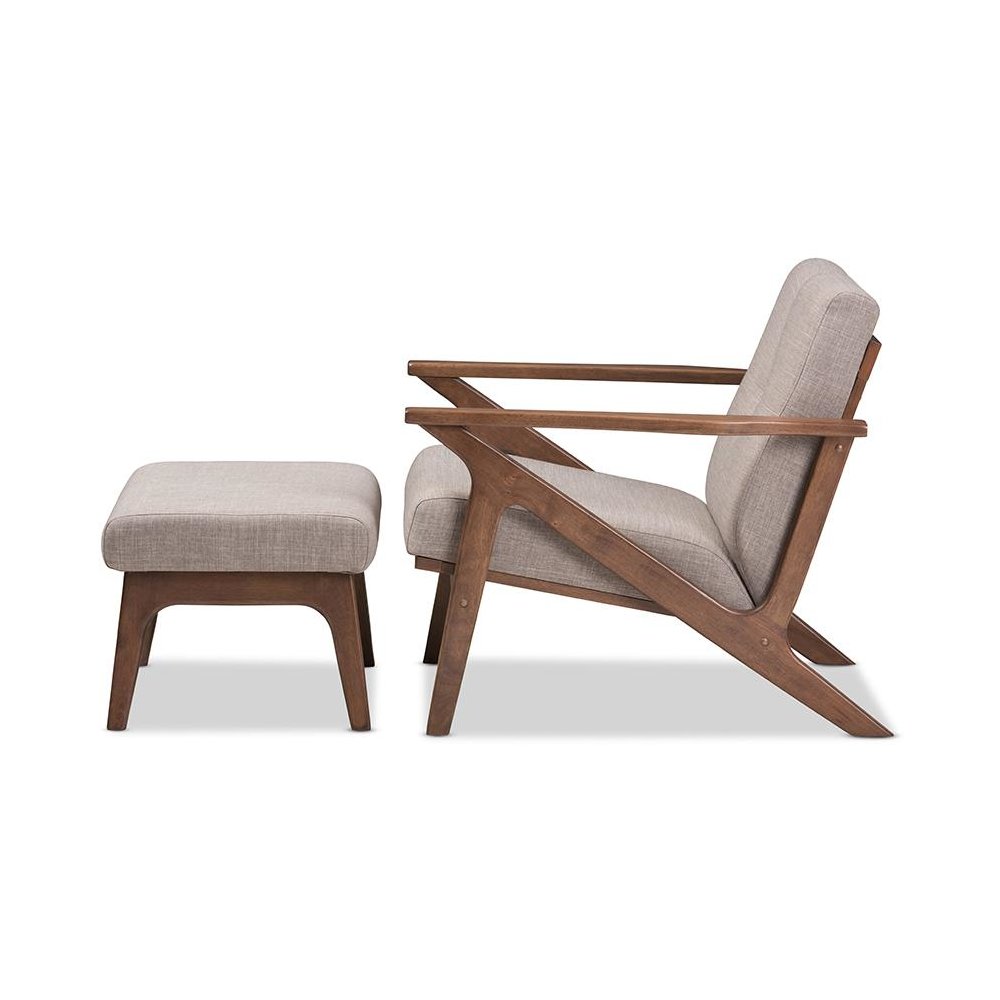 Walnut Wood Light Grey Fabric Tufted Lounge Chair And Ottoman Set