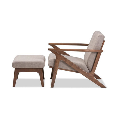 Walnut Wood Light Grey Fabric Tufted Lounge Chair And Ottoman Set