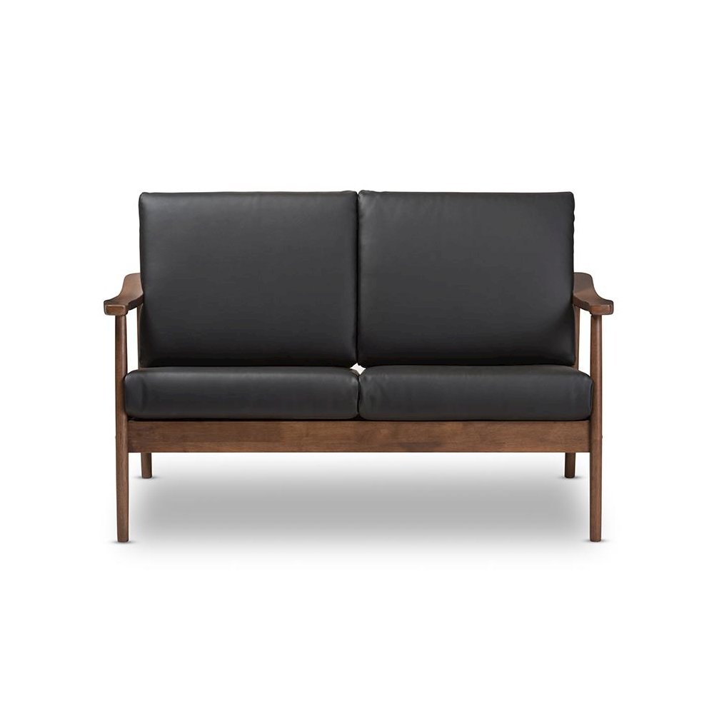 Venza Mid-Century Modern Walnut Wood Black Faux Leather 2-Seater Loveseat