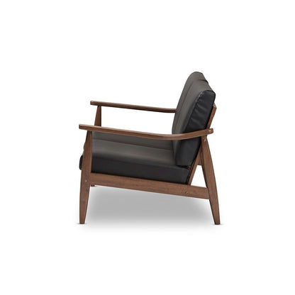 Venza Mid-Century Modern Walnut Wood Black Faux Leather 2-Seater Loveseat