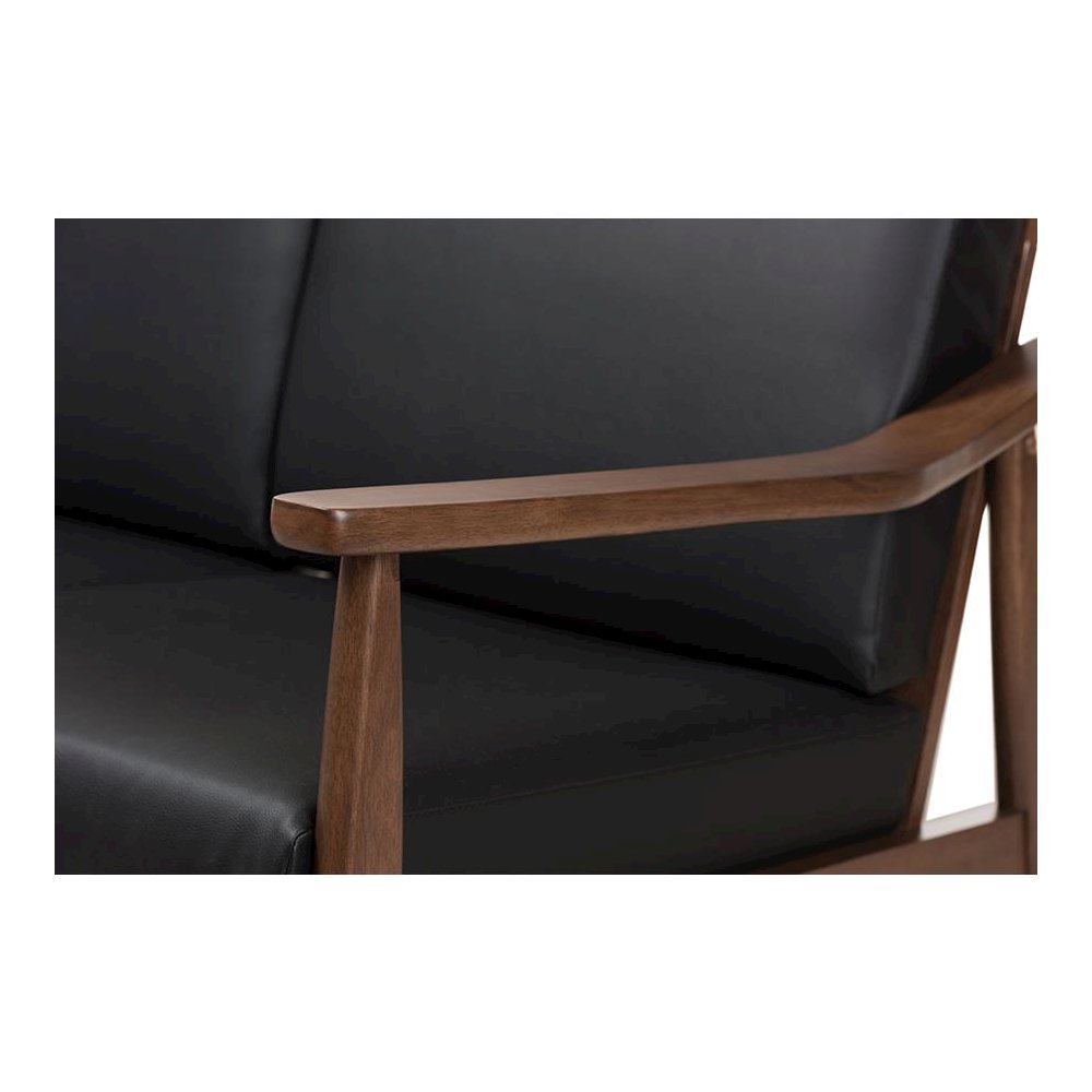 Venza Mid-Century Modern Walnut Wood Black Faux Leather 2-Seater Loveseat