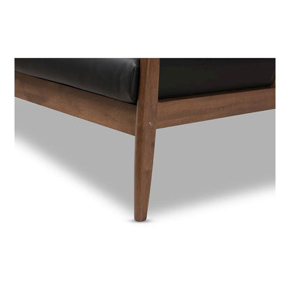 Venza Mid-Century Modern Walnut Wood Black Faux Leather 2-Seater Loveseat