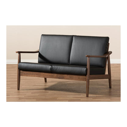 Venza Mid-Century Modern Walnut Wood Black Faux Leather 2-Seater Loveseat