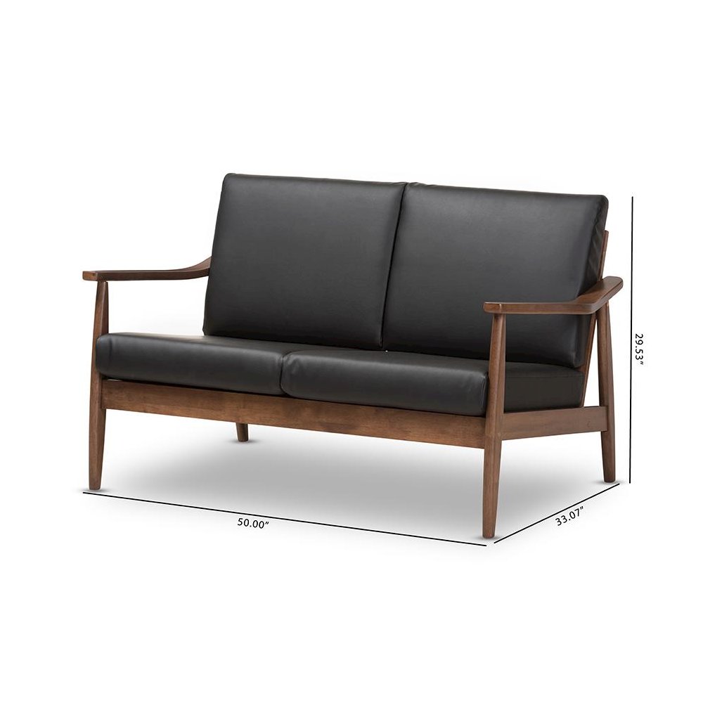 Venza Mid-Century Modern Walnut Wood Black Faux Leather 2-Seater Loveseat