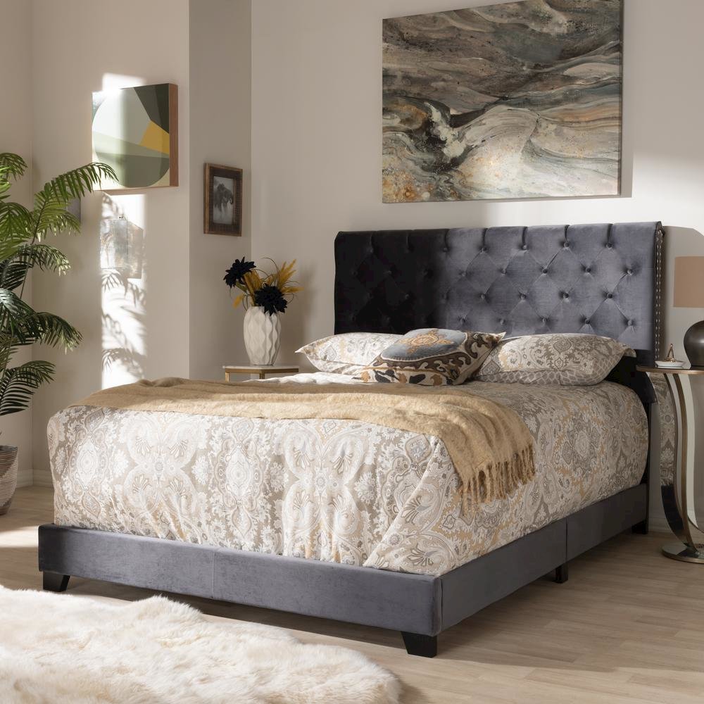 Candace Luxe and Glamour Dark Grey Velvet Upholstered King Size Bed