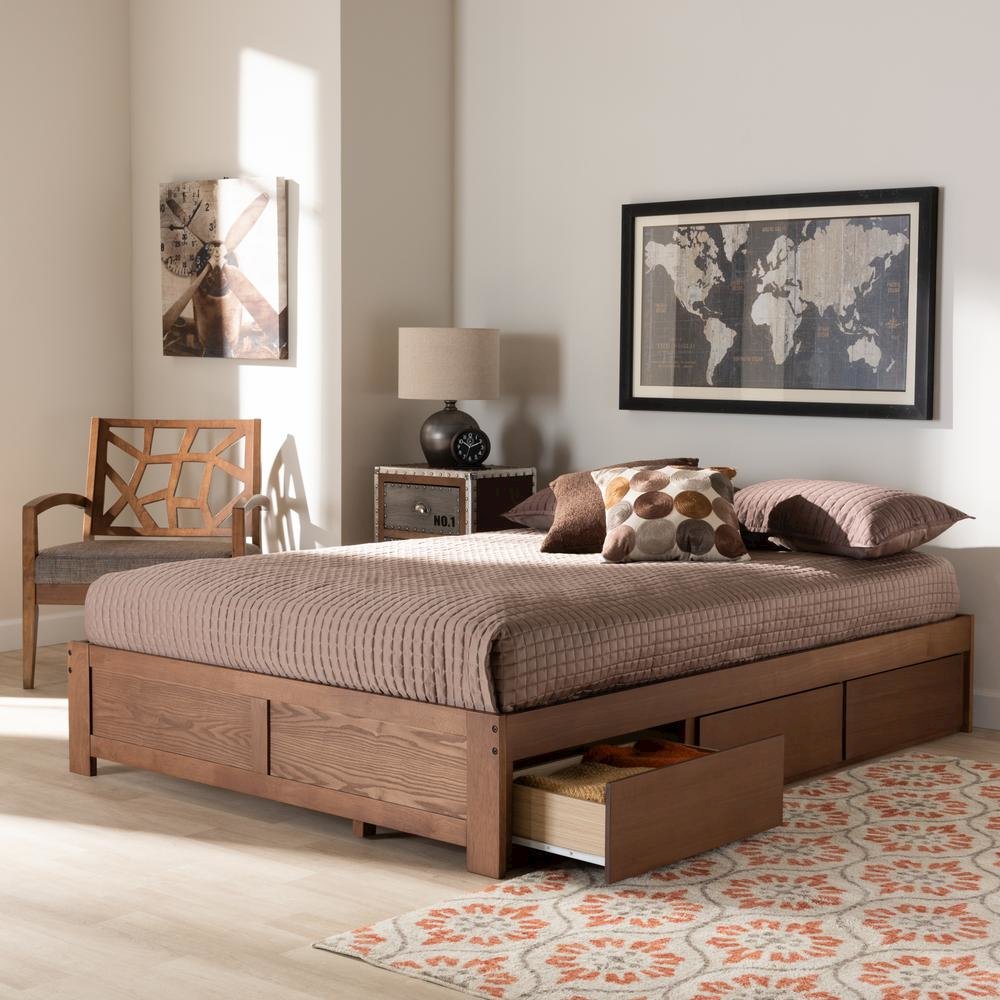 Walnut Finished 3-Drawer King Size Platform Storage Bed Frame
