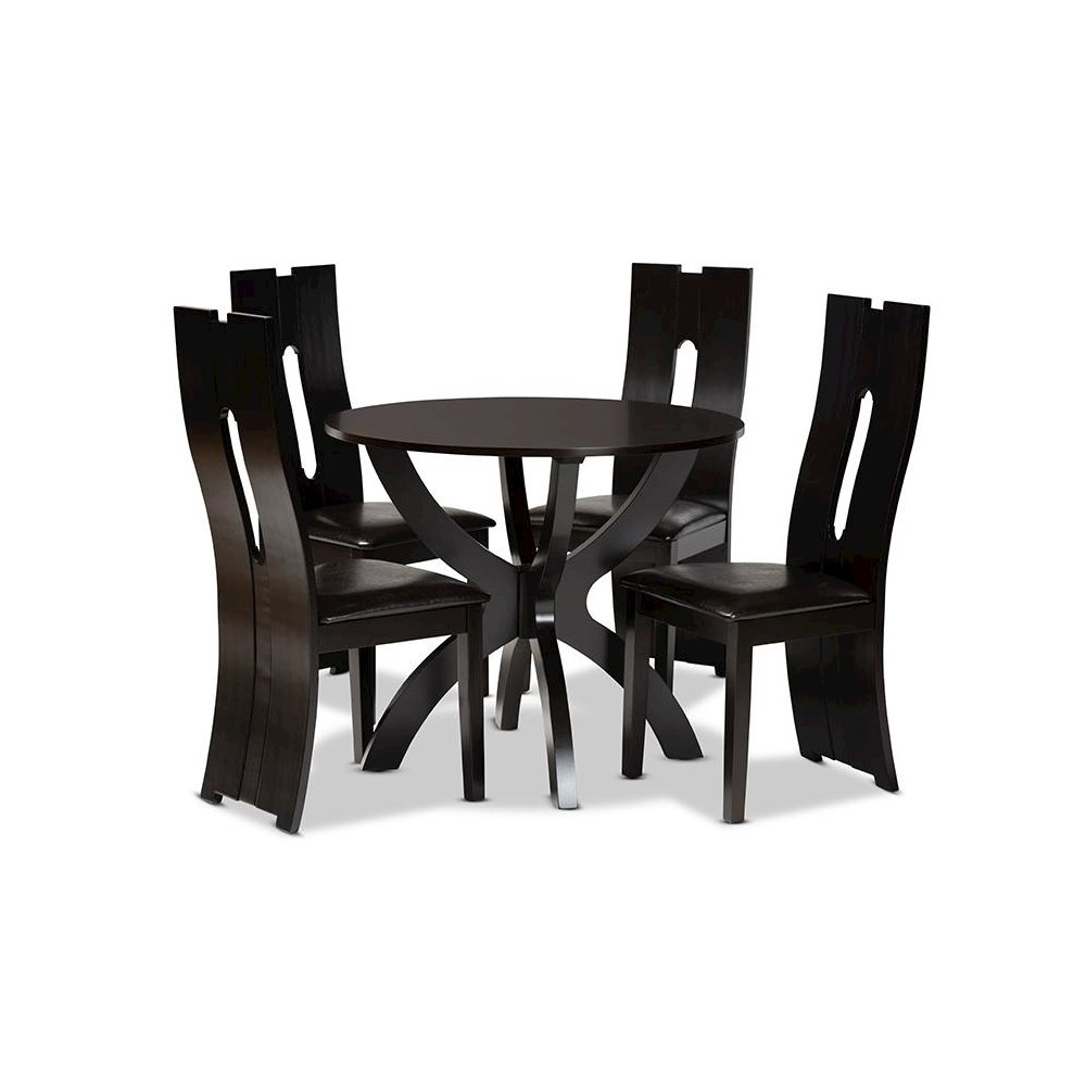 Leather Upholstered and Dark Brown Finished Wood 5-Piece Dining Set