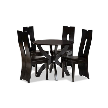 Leather Upholstered and Dark Brown Finished Wood 5-Piece Dining Set