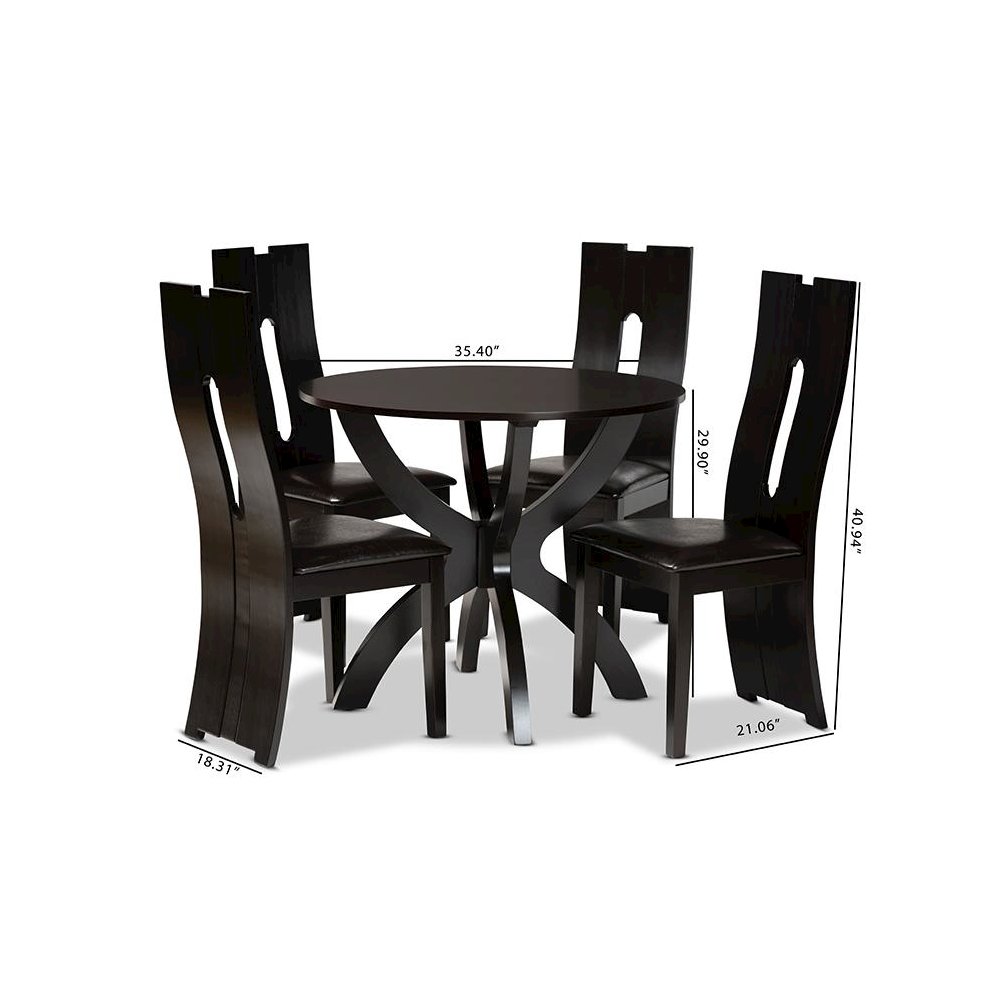Leather Upholstered and Dark Brown Finished Wood 5-Piece Dining Set