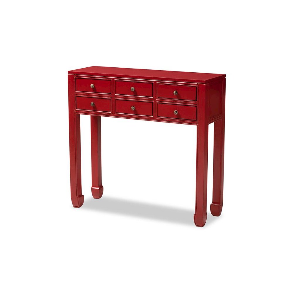 Antique Red Finished Wood Bronze Finished Accents 6-Drawer Console Table