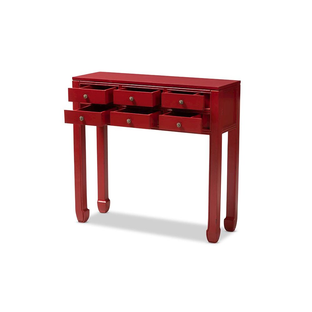 Antique Red Finished Wood Bronze Finished Accents 6-Drawer Console Table