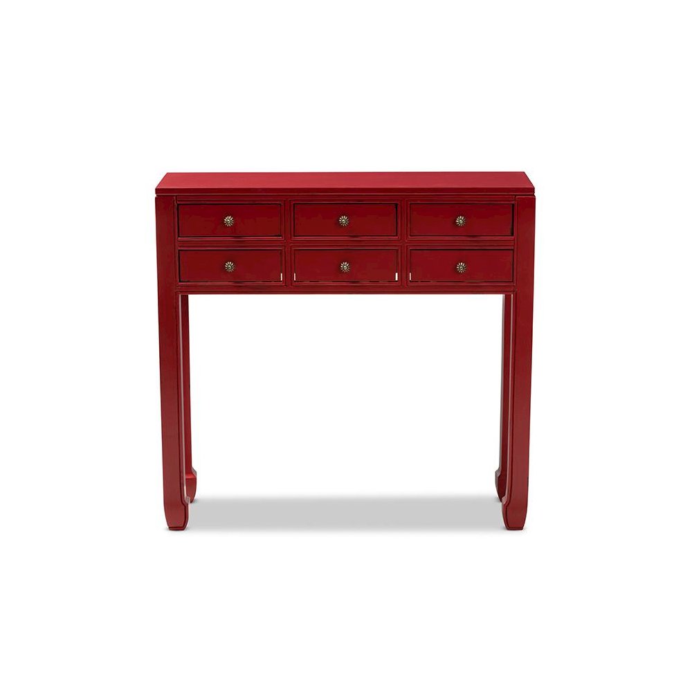 Antique Red Finished Wood Bronze Finished Accents 6-Drawer Console Table