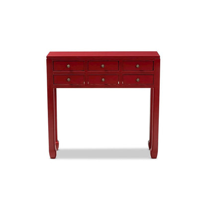 Antique Red Finished Wood Bronze Finished Accents 6-Drawer Console Table