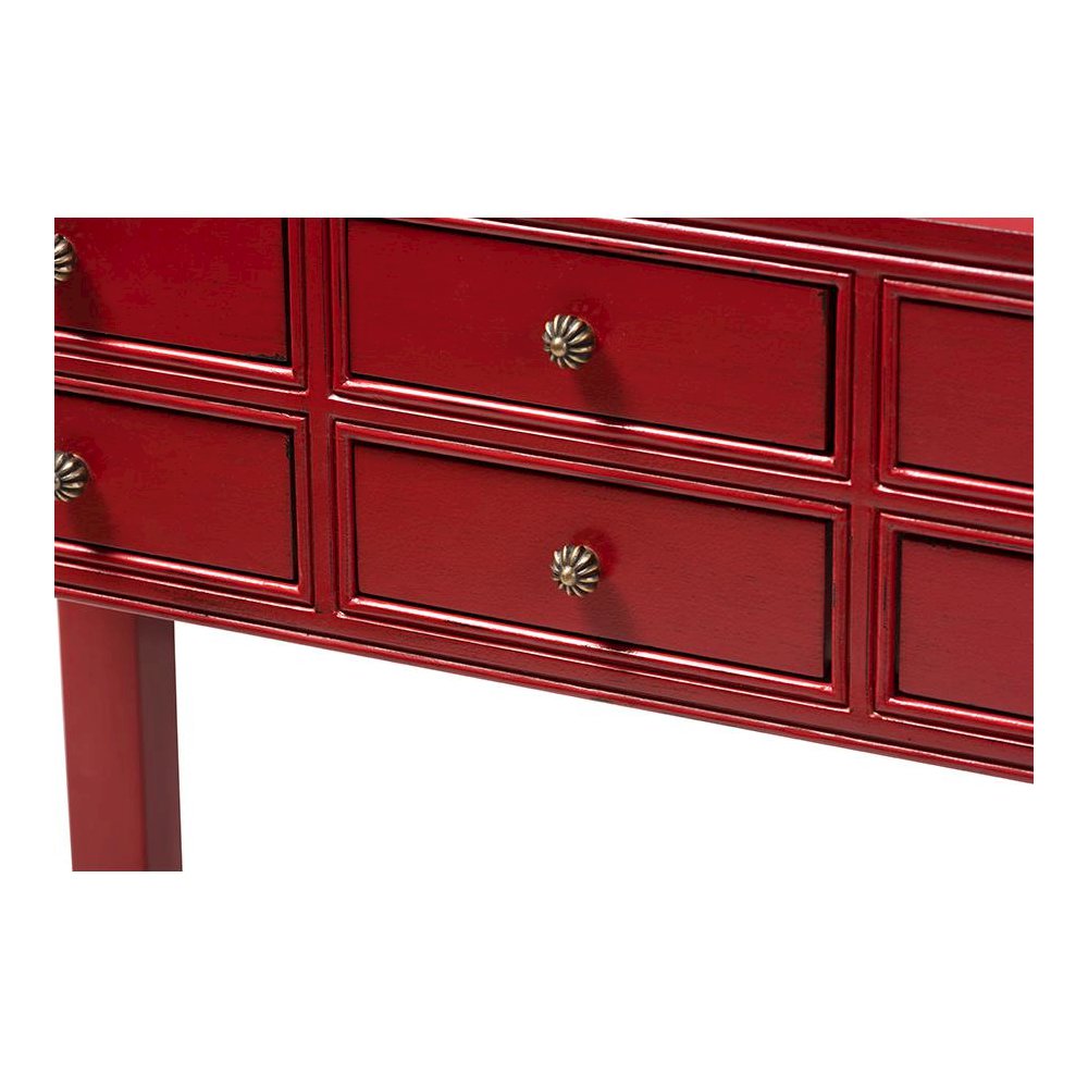 Antique Red Finished Wood Bronze Finished Accents 6-Drawer Console Table