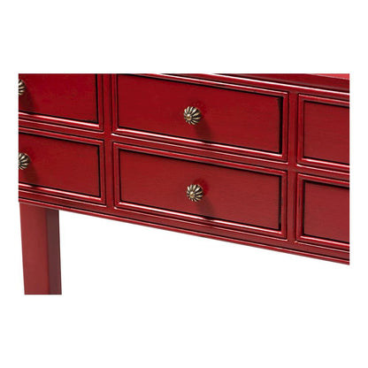 Antique Red Finished Wood Bronze Finished Accents 6-Drawer Console Table