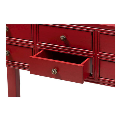 Antique Red Finished Wood Bronze Finished Accents 6-Drawer Console Table