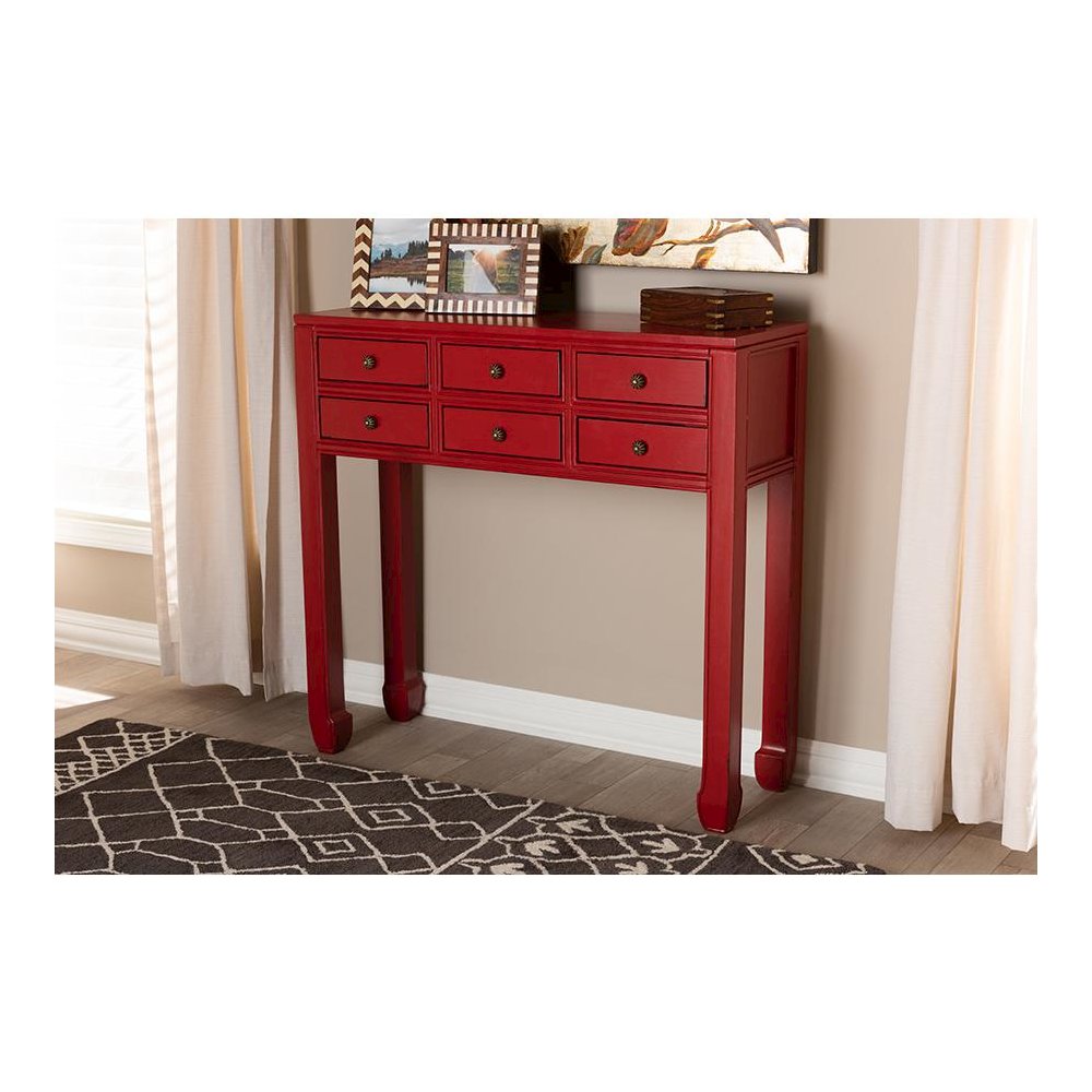 Antique Red Finished Wood Bronze Finished Accents 6-Drawer Console Table
