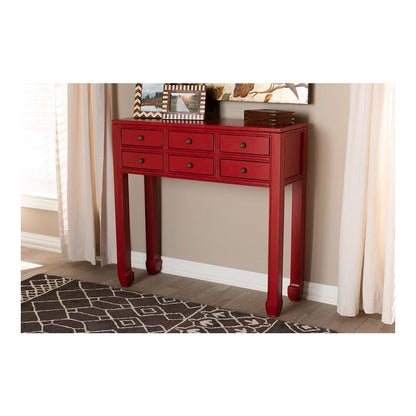 Antique Red Finished Wood Bronze Finished Accents 6-Drawer Console Table