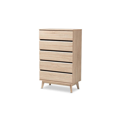 Baxton Studio Miren Mid-Century Modern Light Oak and Dark Grey 5-Drawer Chest