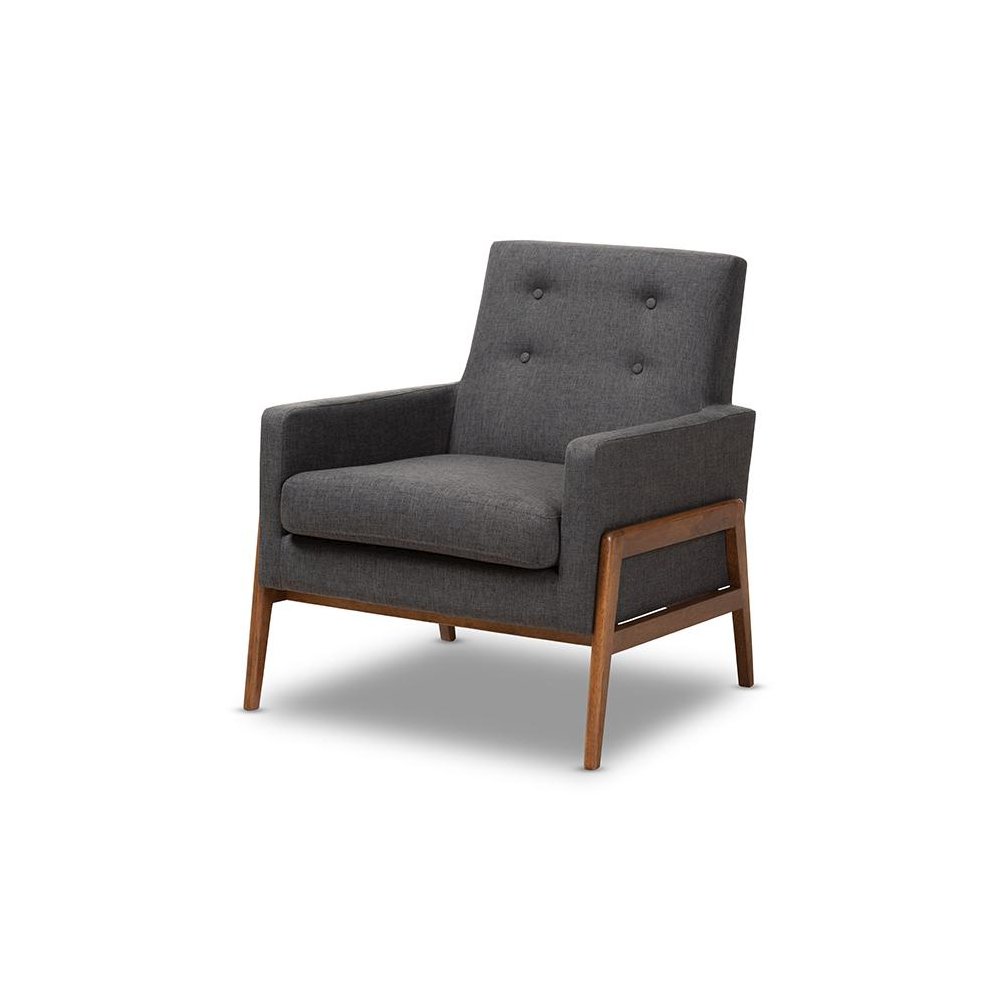 Perris Mid-Century Modern Dark Grey Fabric Upholstered Walnut Wood Lounge Chair