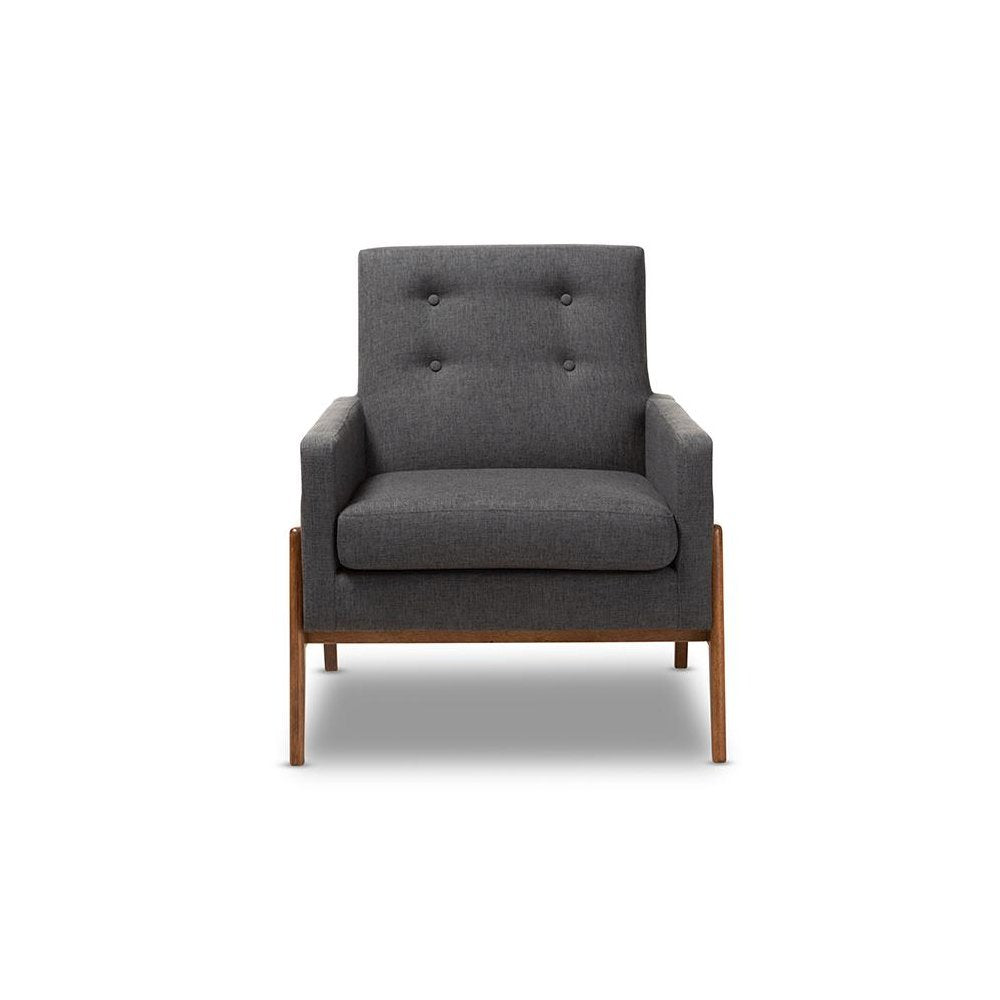 Perris Mid-Century Modern Dark Grey Fabric Upholstered Walnut Wood Lounge Chair