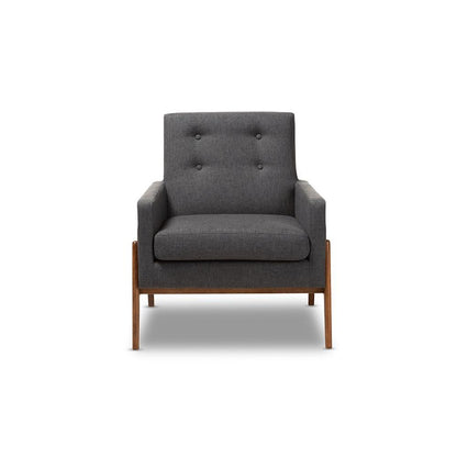 Perris Mid-Century Modern Dark Grey Fabric Upholstered Walnut Wood Lounge Chair