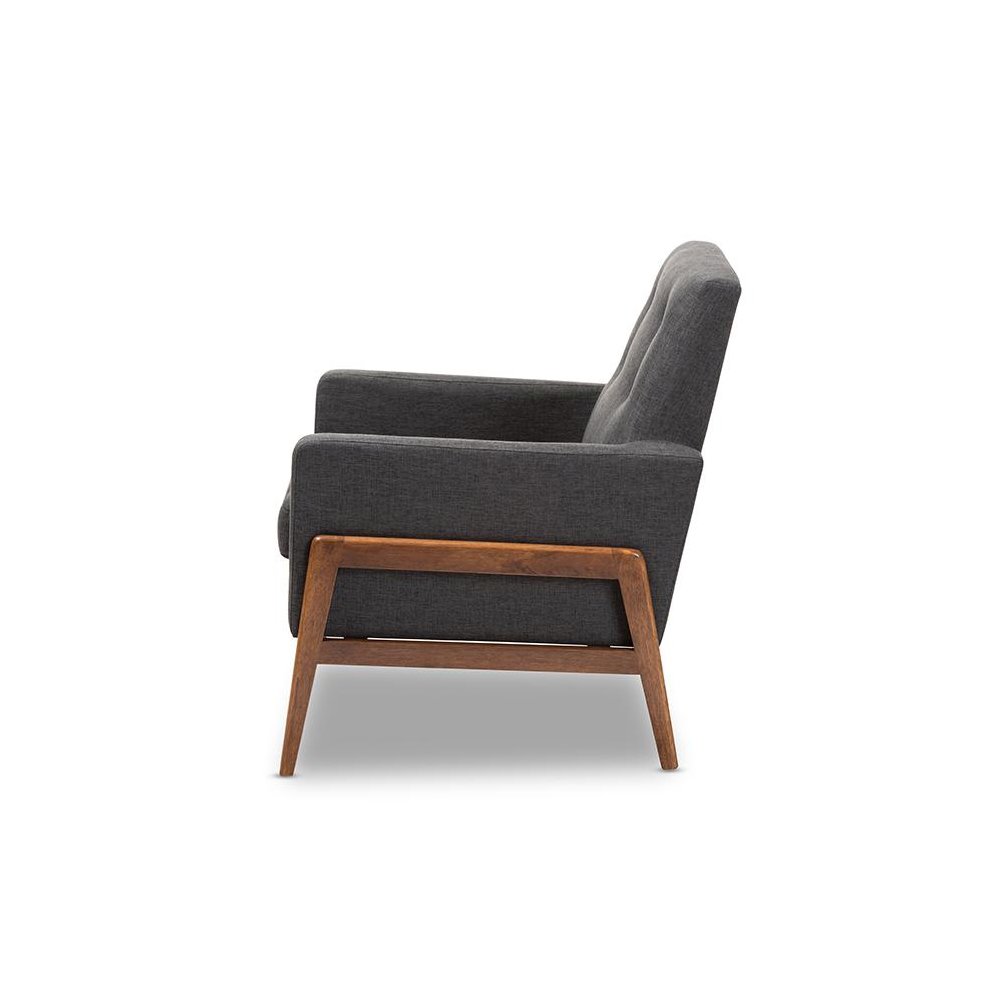 Perris Mid-Century Modern Dark Grey Fabric Upholstered Walnut Wood Lounge Chair