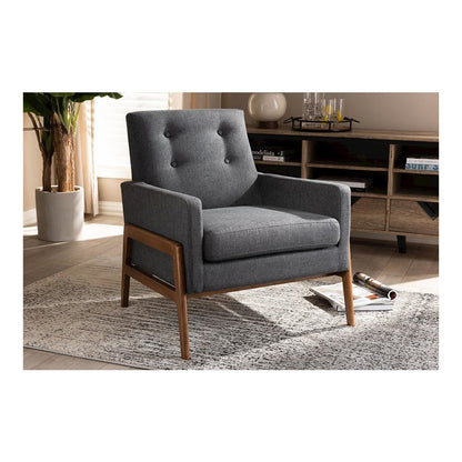 Perris Mid-Century Modern Dark Grey Fabric Upholstered Walnut Wood Lounge Chair