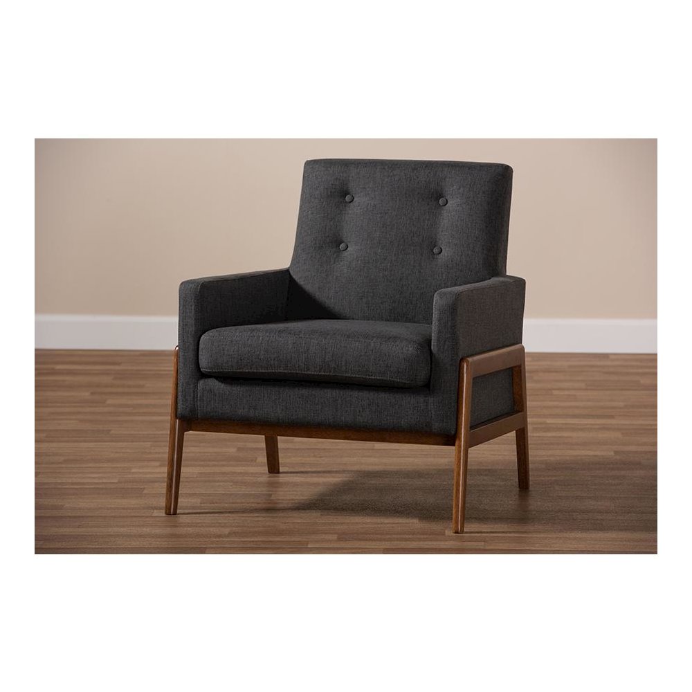 Perris Mid-Century Modern Dark Grey Fabric Upholstered Walnut Wood Lounge Chair