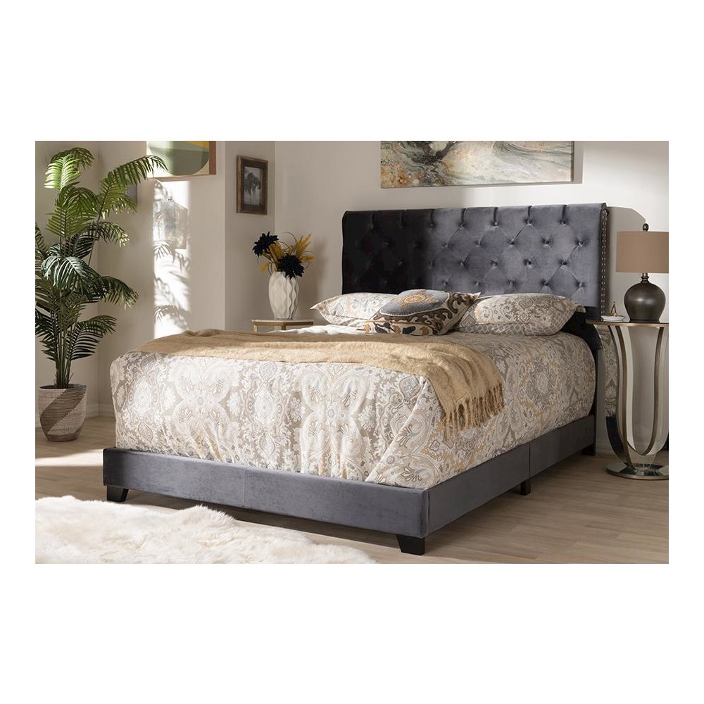 Candace Luxe and Glamour Dark Grey Velvet Upholstered King Size Bed